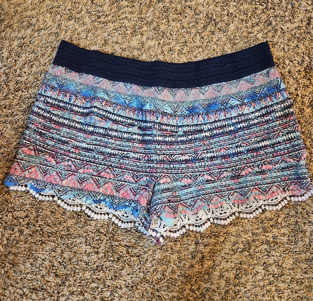 No Boundaries Navy Waist Multicolor Aztec Crochet Trim Shorts